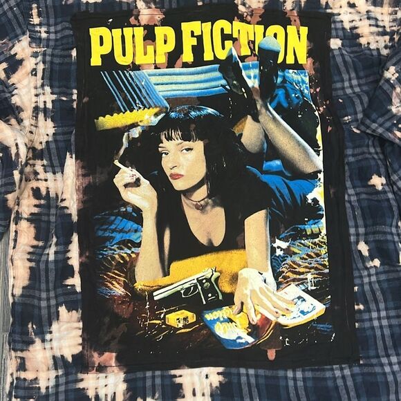 🔥 PULP FICTION Movie Distressed Custom Bleach Dyed Plaid Flannel Shirt Unisex X - Picture 2 of 12